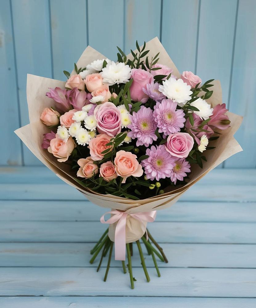 Букет цветов из: Хризантемы, Розы и Альстромерии в Актюбинском