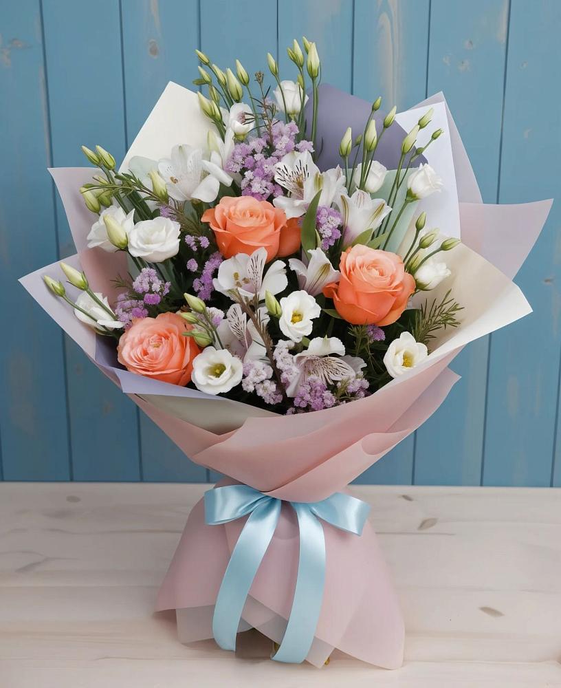 Букет цветов из: Лизиантусы, Розы, Альстромерии и Гипсофила в Актюбинском
