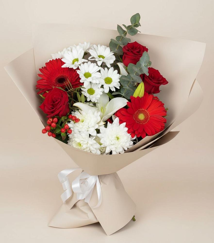 Букет цветов из: Розы, Хризантемы, Герберы и Лилии в Актюбинском