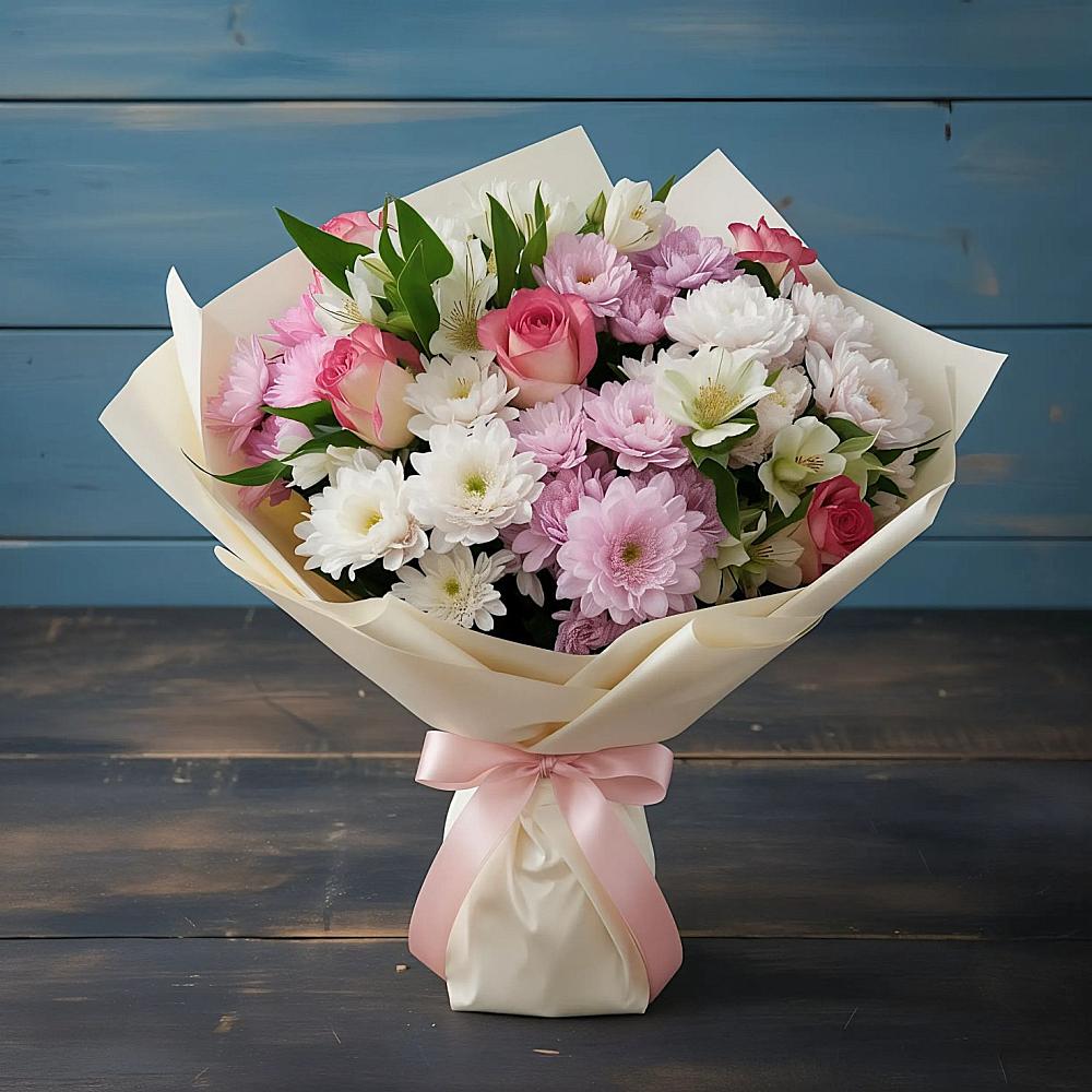 Букет цветов из: Хризантемы, Альстромерии и Розы в Актюбинском